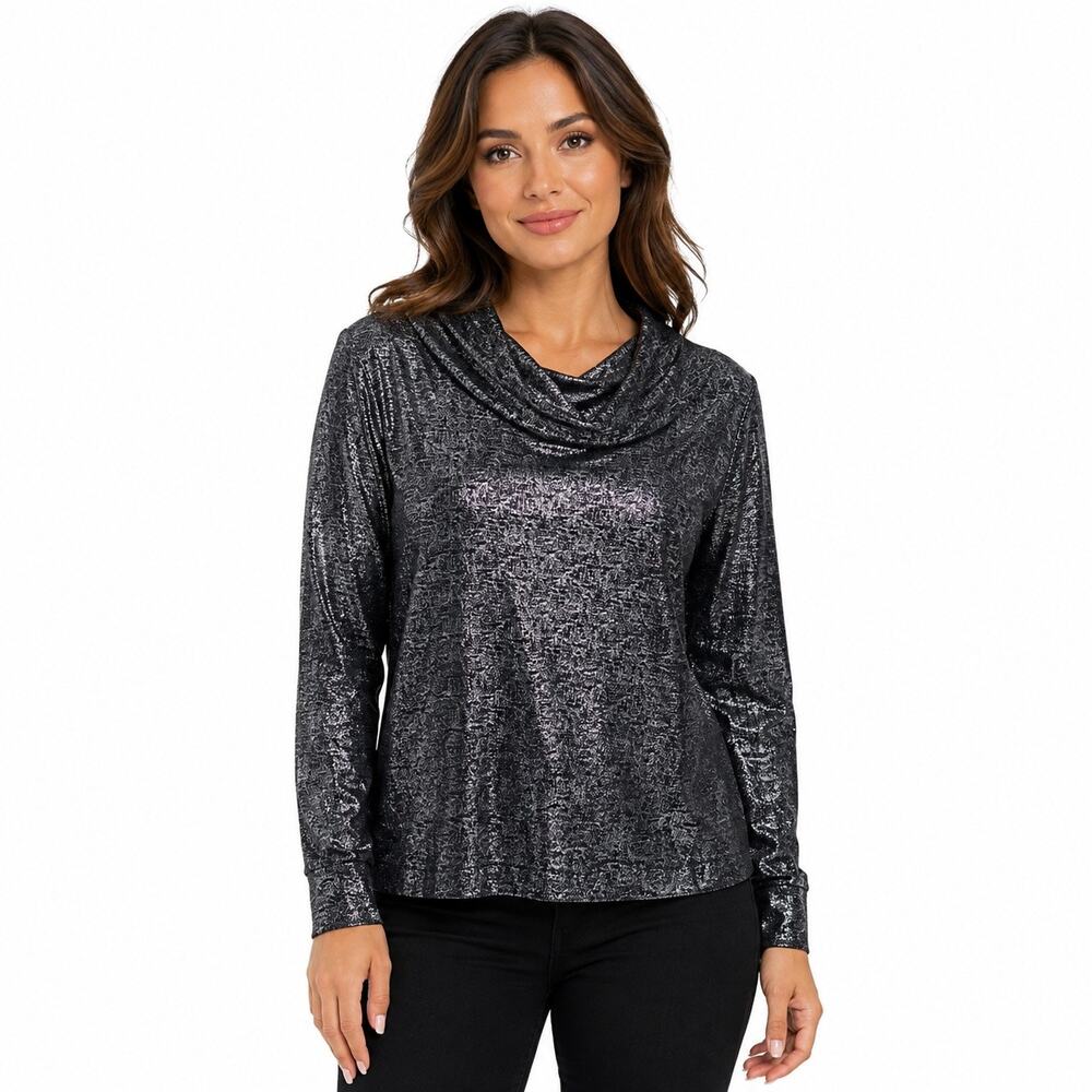 Denim & Co. Women's Metallic Black Silver Cowl Neck Long Sleeve Top Medium